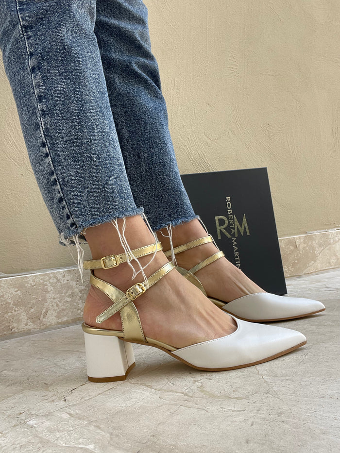 Slingback Flavia Doppelschnalle Nappa Eco Weiß - Gold